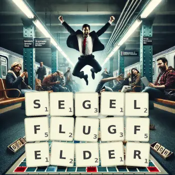 Kreative Illustration für ein Scrabble-Spiel, bei dem das Wort SEGELFLUGFELDER mit Steinen auf dem Brett gelegt wurde.