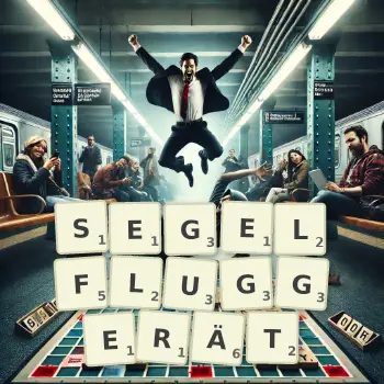 Kreative Illustration für ein Scrabble-Spiel, bei dem das Wort SEGELFLUGGERÄT mit Steinen auf dem Brett gelegt wurde.