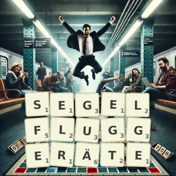 Kreative Illustration für ein Scrabble-Spiel, bei dem das Wort SEGELFLUGGERÄTE mit Steinen auf dem Brett gelegt wurde.
