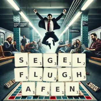 Kreative Illustration für ein Scrabble-Spiel, bei dem das Wort SEGELFLUGHAFEN mit Steinen auf dem Brett gelegt wurde.