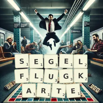 Kreative Illustration für ein Scrabble-Spiel, bei dem das Wort SEGELFLUGKARTE mit Steinen auf dem Brett gelegt wurde.
