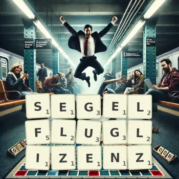 Kreative Illustration für ein Scrabble-Spiel, bei dem das Wort SEGELFLUGLIZENZ mit Steinen auf dem Brett gelegt wurde.