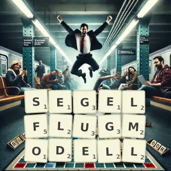 Kreative Illustration für ein Scrabble-Spiel, bei dem das Wort SEGELFLUGMODELL mit Steinen auf dem Brett gelegt wurde.