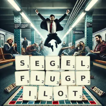 Kreative Illustration für ein Scrabble-Spiel, bei dem das Wort SEGELFLUGPILOT mit Steinen auf dem Brett gelegt wurde.