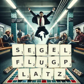 Kreative Illustration für ein Scrabble-Spiel, bei dem das Wort SEGELFLUGPLATZ mit Steinen auf dem Brett gelegt wurde.
