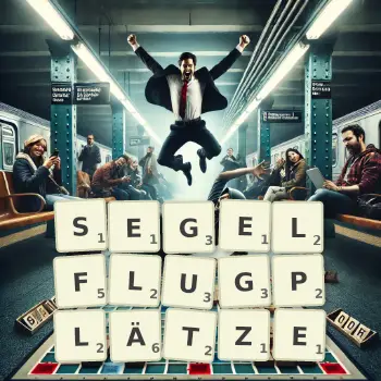 Kreative Illustration für ein Scrabble-Spiel, bei dem das Wort SEGELFLUGPLÄTZE mit Steinen auf dem Brett gelegt wurde.