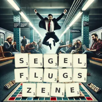 Kreative Illustration für ein Scrabble-Spiel, bei dem das Wort SEGELFLUGSZENE mit Steinen auf dem Brett gelegt wurde.