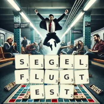 Kreative Illustration für ein Scrabble-Spiel, bei dem das Wort SEGELFLUGTEST mit Steinen auf dem Brett gelegt wurde.