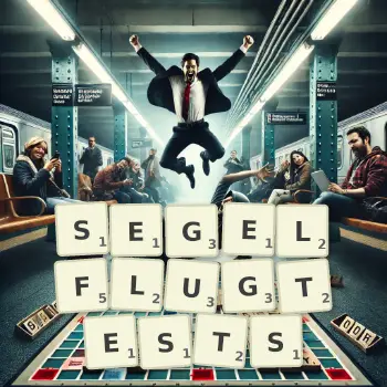 Kreative Illustration für ein Scrabble-Spiel, bei dem das Wort SEGELFLUGTESTS mit Steinen auf dem Brett gelegt wurde.