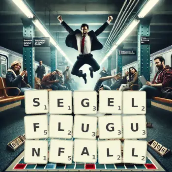 Kreative Illustration für ein Scrabble-Spiel, bei dem das Wort SEGELFLUGUNFALL mit Steinen auf dem Brett gelegt wurde.