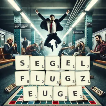 Kreative Illustration für ein Scrabble-Spiel, bei dem das Wort SEGELFLUGZEUGE mit Steinen auf dem Brett gelegt wurde.