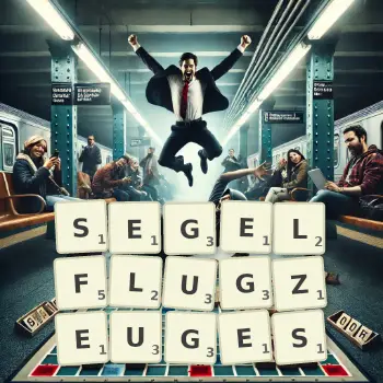 Kreative Illustration für ein Scrabble-Spiel, bei dem das Wort SEGELFLUGZEUGES mit Steinen auf dem Brett gelegt wurde.