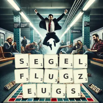 Kreative Illustration für ein Scrabble-Spiel, bei dem das Wort SEGELFLUGZEUGS mit Steinen auf dem Brett gelegt wurde.