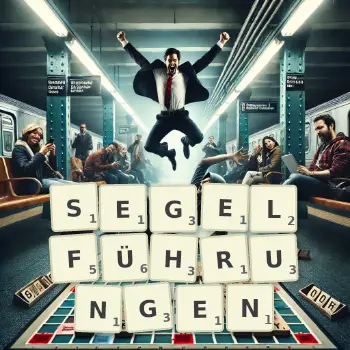 Kreative Illustration für ein Scrabble-Spiel, bei dem das Wort SEGELFÜHRUNGEN mit Steinen auf dem Brett gelegt wurde.
