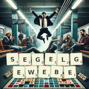Kreative Illustration für ein Scrabble-Spiel, bei dem das Wort SEGELGEWEBE mit Steinen auf dem Brett gelegt wurde.