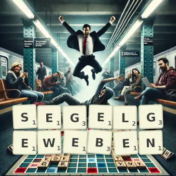 Kreative Illustration für ein Scrabble-Spiel, bei dem das Wort SEGELGEWEBEN mit Steinen auf dem Brett gelegt wurde.