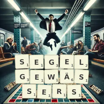 Kreative Illustration für ein Scrabble-Spiel, bei dem das Wort SEGELGEWÄSSERS mit Steinen auf dem Brett gelegt wurde.