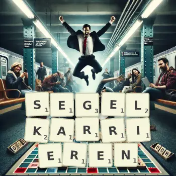 Kreative Illustration für ein Scrabble-Spiel, bei dem das Wort SEGELKARRIEREN mit Steinen auf dem Brett gelegt wurde.