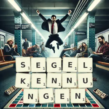 Kreative Illustration für ein Scrabble-Spiel, bei dem das Wort SEGELKENNUNGEN mit Steinen auf dem Brett gelegt wurde.
