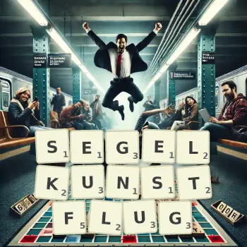 Kreative Illustration für ein Scrabble-Spiel, bei dem das Wort SEGELKUNSTFLUG mit Steinen auf dem Brett gelegt wurde.