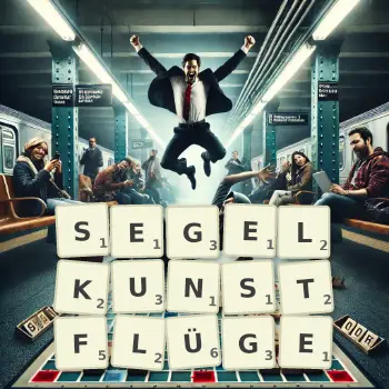 Kreative Illustration für ein Scrabble-Spiel, bei dem das Wort SEGELKUNSTFLÜGE mit Steinen auf dem Brett gelegt wurde.