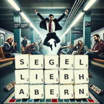 Kreative Illustration für ein Scrabble-Spiel, bei dem das Wort SEGELLIEBHABERN mit Steinen auf dem Brett gelegt wurde.
