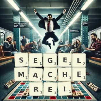 Kreative Illustration für ein Scrabble-Spiel, bei dem das Wort SEGELMACHEREI mit Steinen auf dem Brett gelegt wurde.
