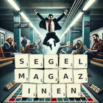 Kreative Illustration für ein Scrabble-Spiel, bei dem das Wort SEGELMAGAZINEN mit Steinen auf dem Brett gelegt wurde.