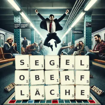 Kreative Illustration für ein Scrabble-Spiel, bei dem das Wort SEGELOBERFLÄCHE mit Steinen auf dem Brett gelegt wurde.