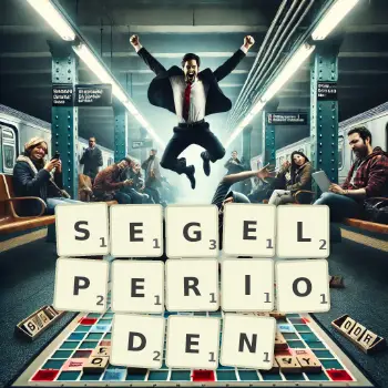 Kreative Illustration für ein Scrabble-Spiel, bei dem das Wort SEGELPERIODEN mit Steinen auf dem Brett gelegt wurde.