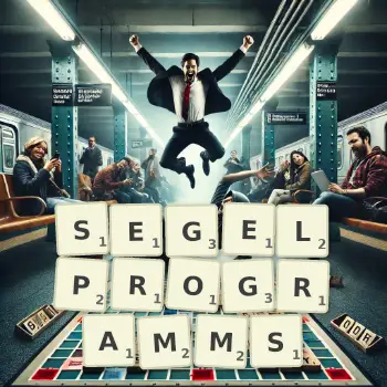 Kreative Illustration für ein Scrabble-Spiel, bei dem das Wort SEGELPROGRAMMS mit Steinen auf dem Brett gelegt wurde.