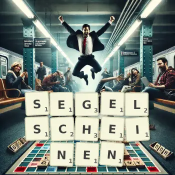 Kreative Illustration für ein Scrabble-Spiel, bei dem das Wort SEGELSCHEINEN mit Steinen auf dem Brett gelegt wurde.