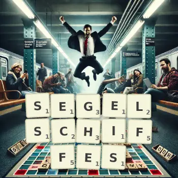 Kreative Illustration für ein Scrabble-Spiel, bei dem das Wort SEGELSCHIFFES mit Steinen auf dem Brett gelegt wurde.