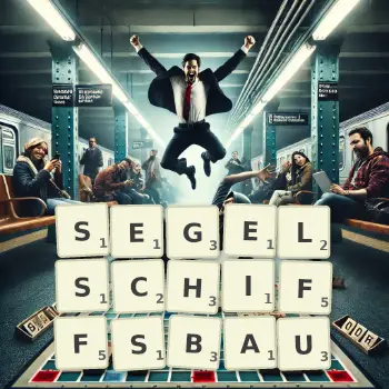 Kreative Illustration für ein Scrabble-Spiel, bei dem das Wort SEGELSCHIFFSBAU mit Steinen auf dem Brett gelegt wurde.