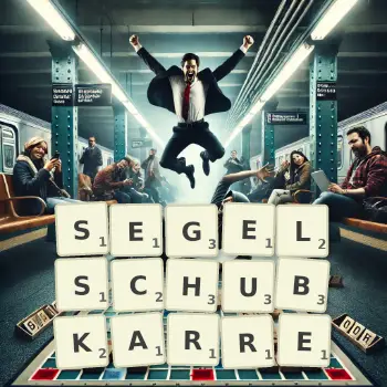 Kreative Illustration für ein Scrabble-Spiel, bei dem das Wort SEGELSCHUBKARRE mit Steinen auf dem Brett gelegt wurde.