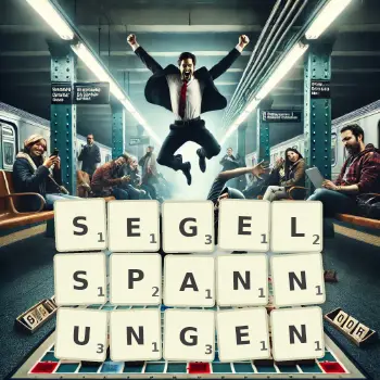 Kreative Illustration für ein Scrabble-Spiel, bei dem das Wort SEGELSPANNUNGEN mit Steinen auf dem Brett gelegt wurde.