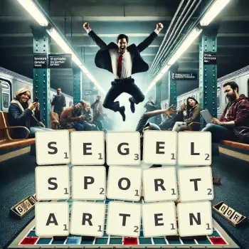 Kreative Illustration für ein Scrabble-Spiel, bei dem das Wort SEGELSPORTARTEN mit Steinen auf dem Brett gelegt wurde.