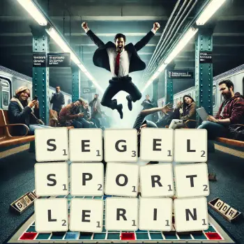 Kreative Illustration für ein Scrabble-Spiel, bei dem das Wort SEGELSPORTLERIN mit Steinen auf dem Brett gelegt wurde.