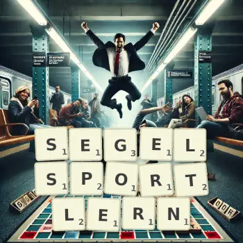 Kreative Illustration für ein Scrabble-Spiel, bei dem das Wort SEGELSPORTLERN mit Steinen auf dem Brett gelegt wurde.