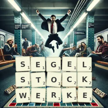 Kreative Illustration für ein Scrabble-Spiel, bei dem das Wort SEGELSTOCKWERKE mit Steinen auf dem Brett gelegt wurde.
