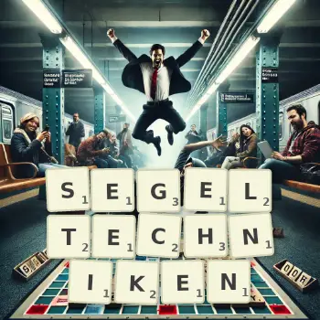 Kreative Illustration für ein Scrabble-Spiel, bei dem das Wort SEGELTECHNIKEN mit Steinen auf dem Brett gelegt wurde.