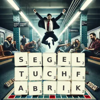 Kreative Illustration für ein Scrabble-Spiel, bei dem das Wort SEGELTUCHFABRIK mit Steinen auf dem Brett gelegt wurde.