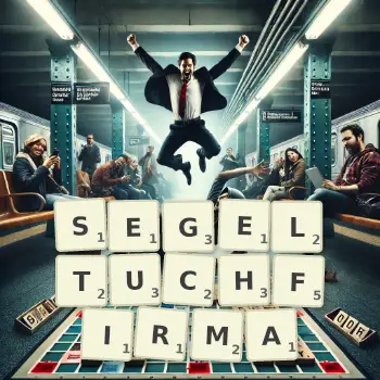 Kreative Illustration für ein Scrabble-Spiel, bei dem das Wort SEGELTUCHFIRMA mit Steinen auf dem Brett gelegt wurde.