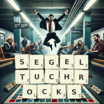 Kreative Illustration für ein Scrabble-Spiel, bei dem das Wort SEGELTUCHROCKS mit Steinen auf dem Brett gelegt wurde.