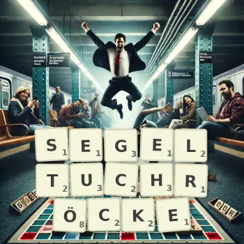 Kreative Illustration für ein Scrabble-Spiel, bei dem das Wort SEGELTUCHRÖCKE mit Steinen auf dem Brett gelegt wurde.