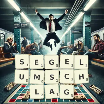 Kreative Illustration für ein Scrabble-Spiel, bei dem das Wort SEGELUMSCHLAG mit Steinen auf dem Brett gelegt wurde.
