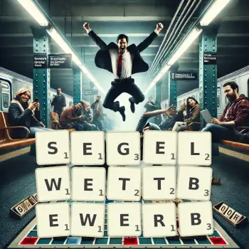 Kreative Illustration für ein Scrabble-Spiel, bei dem das Wort SEGELWETTBEWERB mit Steinen auf dem Brett gelegt wurde.