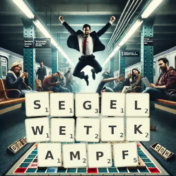 Kreative Illustration für ein Scrabble-Spiel, bei dem das Wort SEGELWETTKAMPF mit Steinen auf dem Brett gelegt wurde.