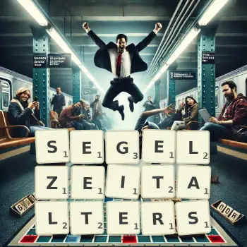 Kreative Illustration für ein Scrabble-Spiel, bei dem das Wort SEGELZEITALTERS mit Steinen auf dem Brett gelegt wurde.
