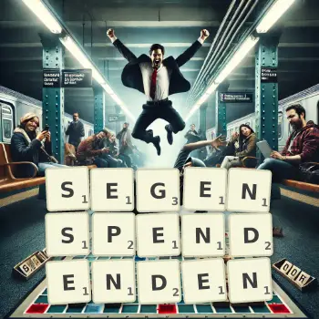 Kreative Illustration für ein Scrabble-Spiel, bei dem das Wort SEGENSPENDENDEN mit Steinen auf dem Brett gelegt wurde.